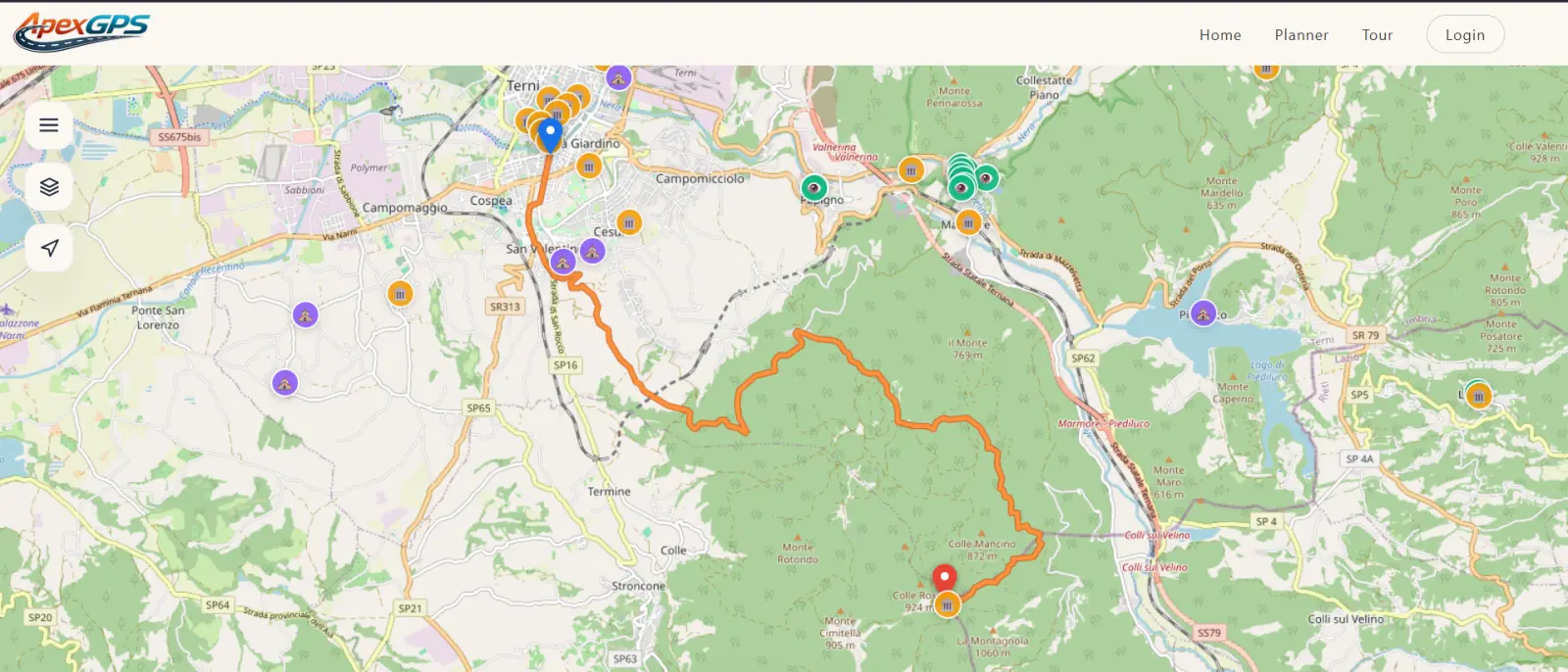 ApexGPS's map with a route traced in orange from Terni towards Colle Mancino, and pins for the places it passes along the way.