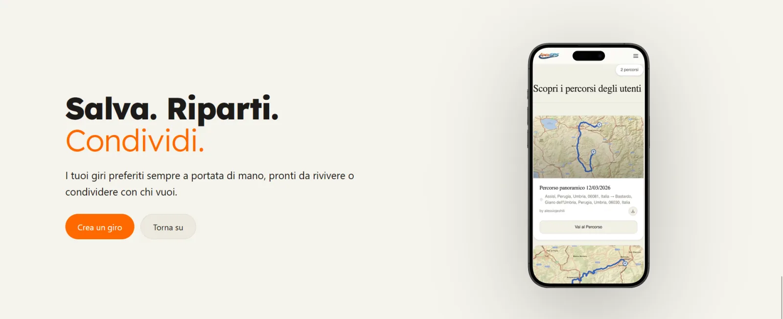 The part of the site showing a phone with the routes users have saved, each with its own preview on the map, the date and the two ends of the ride.