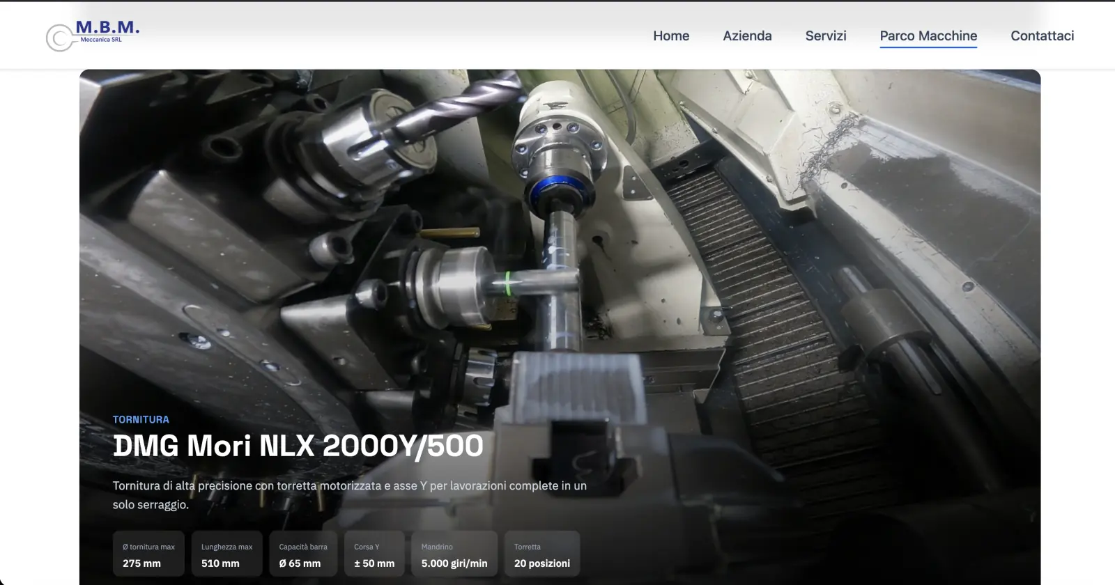 The card for the DMG Mori NLX 2000Y/500 lathe, over a photograph of the tool at work, with maximum diameter and length, bar capacity, Y travel, spindle speed and turret positions.